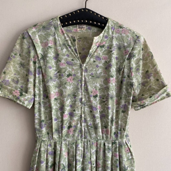 Vintage 1960s/50s Shelton Stroller Green Floral Belted Circle Skirt Dress M/L - Picture 3 of 15